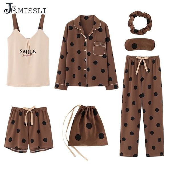 JRMISSLI, conjunto de 7 Uds. De pijamas de algodón para mujer, ropa de abrigo dulce para el hogar, conjunto de ropa de dormir para mujer, ropa para el hogar, conjuntos de pijama con estampado de puntos 210330