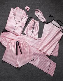 Jrmissli pyjamas dames 7 stuks roze pyjama's sets satijn zijden sexy lingerie huis slijtage slaapkleding pyjama's set pijama woman3884719