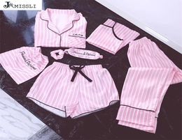 JRMISSLI femmes 7 pièces pyjamas roses ensembles satin soie lingerie sexy vêtements de maison vêtements de nuit pyjamas ensemble pijama femme Y2010126295571