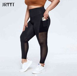 Jryyt herfst winter plus size mesh yoga broek vrouwen hoge taille gesplitste snel droge sport leggings vrouwelijke fitnesszakken 2021 4xl h1221