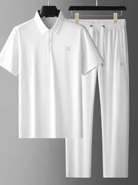 JSBDNZ Summer Highend Silky Sports Sports Twopiece Mens Mature et Suit Polo Stronging Straight Polo Suit de loisir 240518