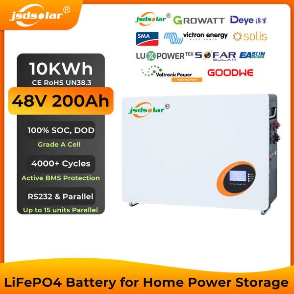 Jsdsolar 48V 200Ah Stockage d'énergie domestique 10KWh LiFePO4 Batterie 4000+ Cycles IP65 Communication parallèle pour système d'alimentation solaire