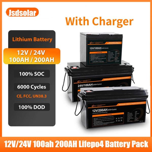 Jsdsolar 6000 Cycles 12V 24V 100Ah 200Ah LiFePo4 Batterie BMS EVE Cellules pour le stockage d'énergie domestique Taxe gratuite avec chargeur