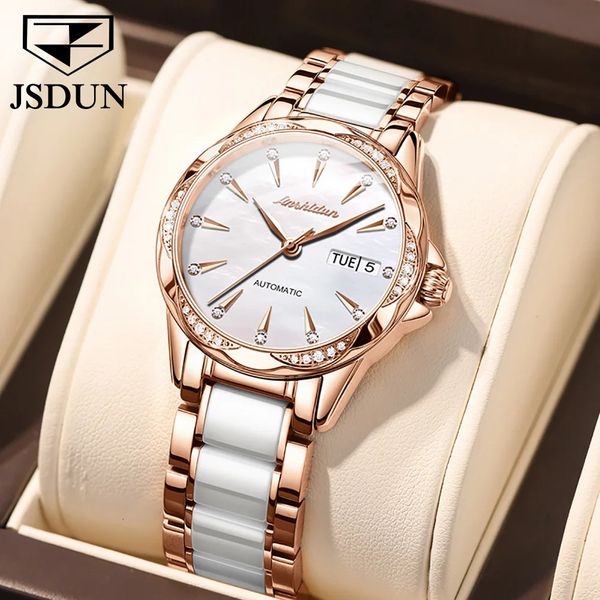 JSDUN TOP BRAND Luxury 50 mètres étanche Sapphire Lens Mécanical Watch for Women Design Diamond Cadeaux simples belles 240419