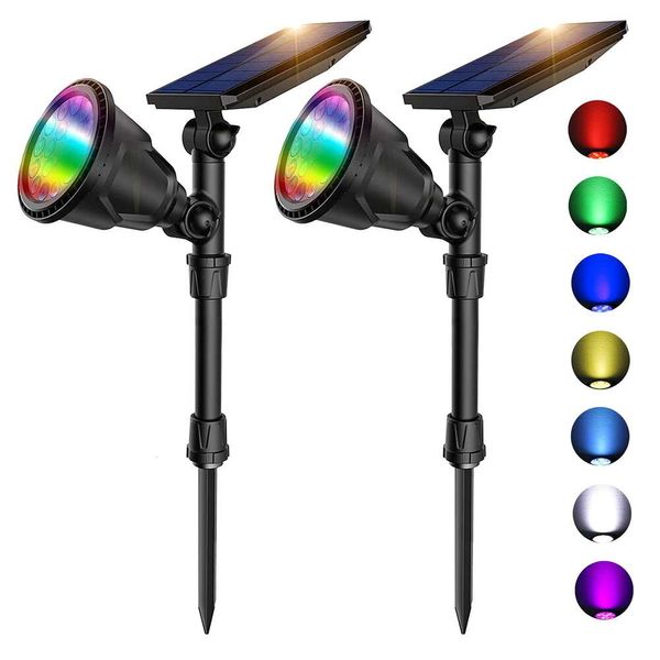 JSOT Lot de 2 projecteurs colorés pour cour, lampes solaires d'extérieur étanches à couleur changeante, éclairage de paysage avec 9 options d'éclairage, décoration pour jardin