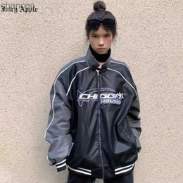Juciy Apple Black Bomber Woman Varsity Jacket Fashion Mode Lange Mouw American Vintage Racing Car PU Lederen Jacket Borduurde jas HKD230815