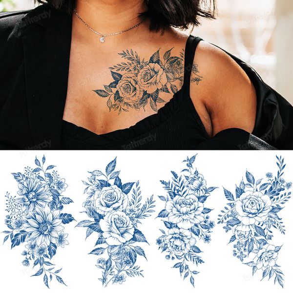 Autocollant de tatouage de jus, croquis de fleurs, pivoine, Rose, Lotus, Mandala, faux tatouage au henné, dentelle, poitrine, bras, transfert d'eau, manchon de tatouage