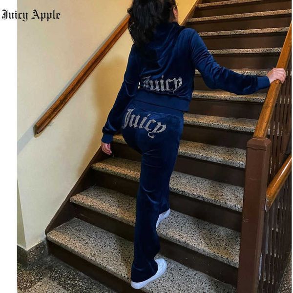 Juicy Apple Womens Tracksuits Velvet Sewing Costumes Tenue Two Piece Jogging Set Velor Sweatshirt Met Hoodie Pantal