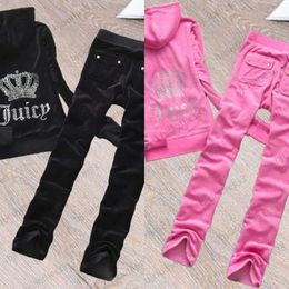 Juicy Tracksuit Brand Womens Two Piece Pantal Back Hot Drill Crown Decoration Hooded Zipper Trop