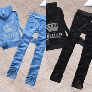 Juicy Tracksuit Brand Womens Two Piece Pantal Back Hot Drill Crown Decoration Hooded Zipper Tops Rangs