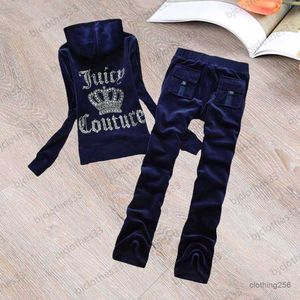 Juicy Chándal Pantalones de dos piezas para mujer Volver Taladro en caliente Decoración de letras Con capucha Regular Tops delgados Apretar Bolsillos en la cintura Pantalones Diseñador Joker Ropa de mujer