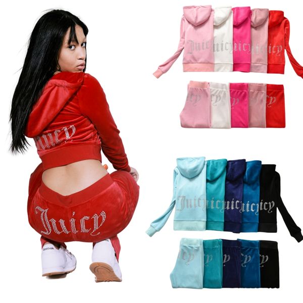 Juicy Velvet Outfit Chándal Juicy para mujer Ropa deportiva de otoño de manga larga Juicy Chándales informales ajustados para mujer Cuello con capucha Ropa deportiva para correr talla de traje XS-3XL