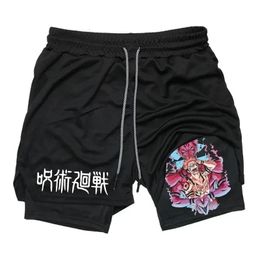 Jujutsu Kaisen Anime Gráfico 2 en 1 pantalones cortos de compresión para hombres Rendimiento de gimnasio de peso ligero rápido