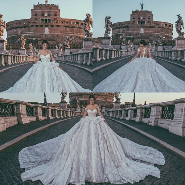 Julia Kontogruni 2019 Vestidos de novia de lujo Vestido de fiesta Apliques de encaje Lentejuelas Fuera del hombro Corte Tren Vestidos de novia Tallas grandes Robe De Mari￩e