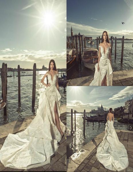 Julia Kontogruni 2019 Vestidos de novia de sirena Apliques de encaje sin espalda Ruffles División División Sexy Bridal Beade Beach Weddi36553533