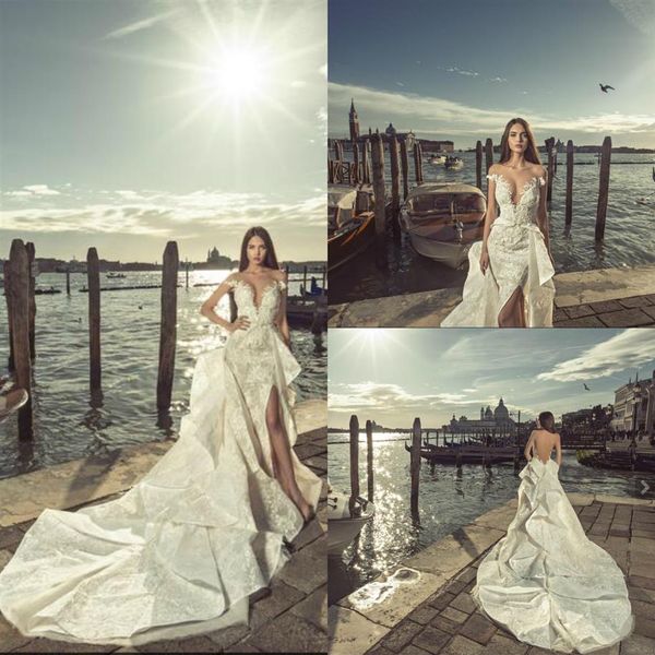 Julia Kontogruni 2019 Sirena Vestidos de novia Sin espalda Apliques de encaje Volantes desmontables Dividir Vestidos de novia sexy Playa con cuentas Weddi208f