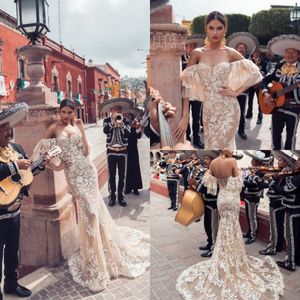 Julie Vino 2019 Mermaid Champagne Wedding Dresses Off The Shoulder Lace Bridal Gowns Vintage Beach Sweep Train Wedding Dress