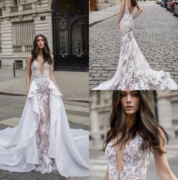 Julie Vino 2019 Zeemeermin Kant Trouwjurk met Overskirts V-hals Backless Bruidsjurken Custom Vestido de NoviaApplique Bruidsjurken