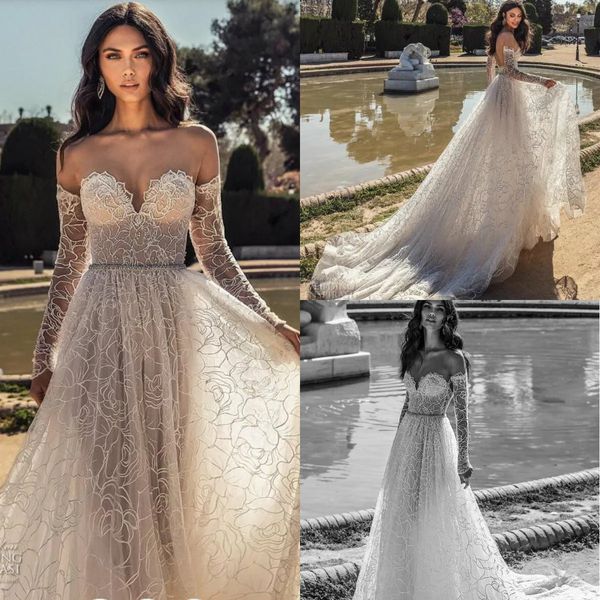 Julie Vino Boho Vestidos de novia Sweetheart Una línea de encaje Vestido de novia bohemio de manga larga Sin respaldo Vestidos de novia de campo por encargo