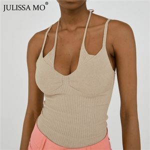 Julissa Mo Gebreide Solid Short Crop Tops Dames Skinny Halter Bandage Trui Camis Vrouwelijke Sexy Mouwloos Tank Top Clubkleding 220316