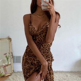 Julissa Mo imprimé léopard col en V sexy moulante longue robe femmes à lacets dos nu robes d'été bretelles féminines fête plage robes 220725