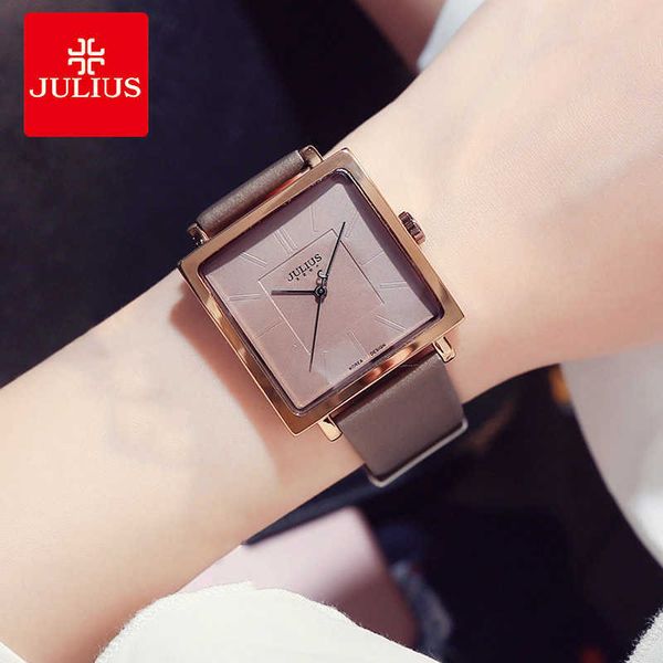 Julius Brand Simple Square Big Dial Reloj de cuero Mujer Vintage Cuarzo impermeable Vestido de pulsera Lady Montre Femme Gifts 210616