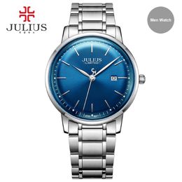 Montre en acier inoxydable de marque Julius Ultra mince 8mm hommes 30M montre-bracelet étanche Date automatique édition limitée Whatch Montre JAL-040289q