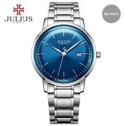Julius merk roestvrij staal horloge ultra dunne 8 mm mannen 30m waterdichte polshorloge Auto date limited edition Whatch Montre JAL-040290W