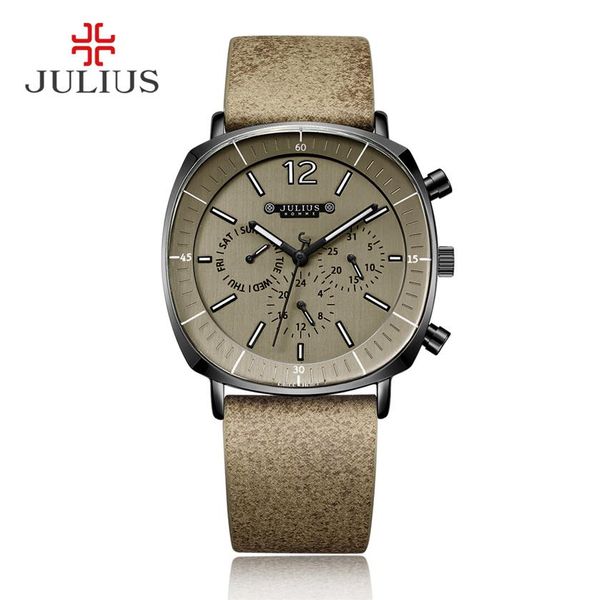 Reloj de negocios JULIUS con cronógrafo Real para hombre, 3 esferas, banda de cuero, reloj de pulsera de cuarzo con cara cuadrada, reloj de regalo JAH-098233u