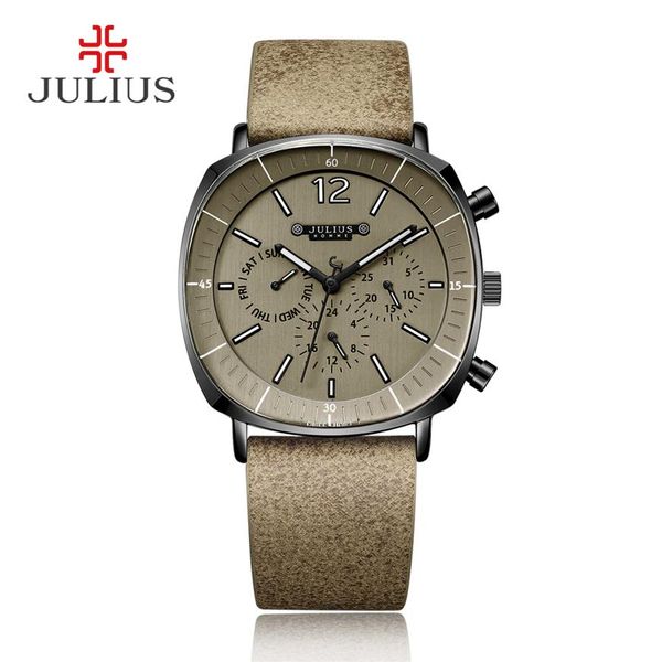 Reloj de negocios JULIUS con cronógrafo Real para hombre, 3 esferas, banda de cuero, reloj de pulsera de cuarzo con cara cuadrada, reloj de regalo JAH-098303q