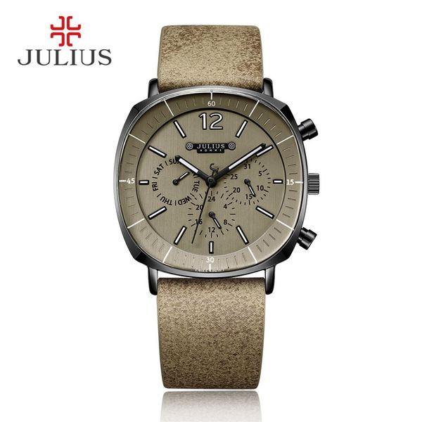 JULIUS Real Chronograph Herren-Business-Armbanduhr, 3 Zifferblätter, Lederband, quadratisches Zifferblatt, Quarz-Armbanduhr, Geschenk, JAH-098230x
