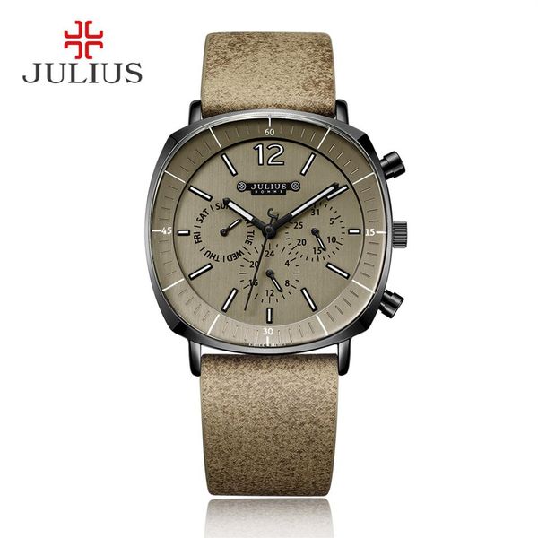 Reloj de negocios JULIUS con cronógrafo Real para hombre, reloj de pulsera de cuarzo con cara cuadrada y banda de cuero de 3 esferas, reloj de regalo JAH-098259t