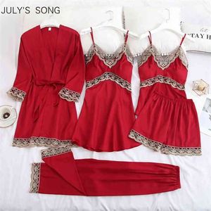 Juli's nummer 5 pc's pyjama zijden satijn nachtkleding set zomer sling shorts kant sexy gewaad voor vrouw loungewear 210809