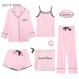 JULY'S SONG Pijama de rayas de seda sintética de 7 piezas Pijama de mujer Conjuntos de ropa de dormir Primavera Verano Homewear