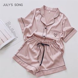 JULY'S SONG coeur broderie pyjama solide rose vêtements de nuit d'été décontracté doux Faux soie Satin vêtements de nuit Homewear 210809