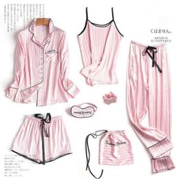 Juli's Song Pink 7-delige pyjama sets faux zijde gestreepte pyjama nachtkleding lente zomer homewear 211215