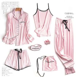 Juli's Song Pink 7 Stuks Dames Pyjama Sets Faux Zijde Gestreepte Pyjama Nachtkleding Lente Zomer Homewear 220329