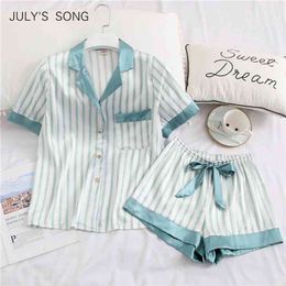 Juli's lied vrouwen pyjama set 2 stuks streep faux zijde pyjamy pak schattige eenvoudige casual nachtkleding korte mouwen shorts voor vrouwelijke 210831