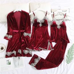 Juli's Song Dames Velvet Pyjama Set 4 Stuks Warm Sexy Kant Winter Nachtkleding Sling Nightdress Homewear Plus Size Robe 2111112