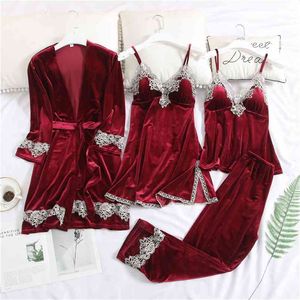 Juli's Song Dames Velvet Pyjama Set 4 Stuks Warm Sexy Kant Winter Nachtkleding Sling Nachthorden Homewar Plus Size Robe 210831