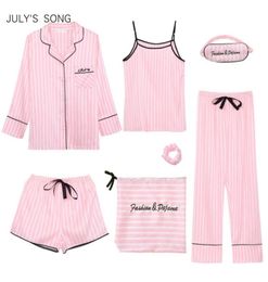 Julio 039 Canción Pink Women039s 7 piezas Pajamas Sets Emulation Pajamas Silk Rayamas Setswear Sleepwear Singer Spring Summer Autumn 3946080