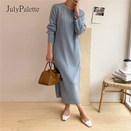 JulyPalette Solide O-cou Tricoté Robe Femmes Long Tricot Robe Droite Automne Hiver Casual Élastique Lâche Femme Maxi Vestidos 220406