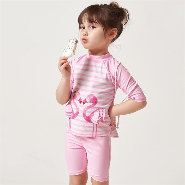 Julysand Girls Traje de baño Lindo Pink Stripes Niños Traje de baño de dibujos animados Flamingo Impreso Twopieces UPF 50+ Traje de baño de gama alta 210625