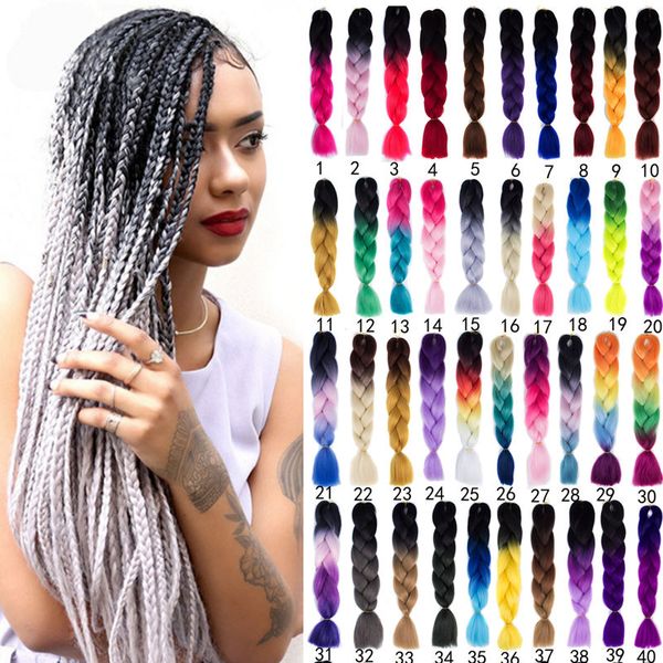 Jumbo Trenzado de cabello sintético Kanekalon Cabello dos tonos ombre gris negro azul rosa color Ganchillo Trenzas Cabello de fibra de alta temperatura premium