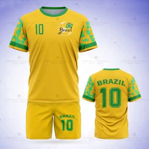 Jumeast Brazil Football Jersey Pattern Tshirt Set Flag Print Shorts Jaune Mesh Sports Ball Vêtements Équipe Uniforme 240523