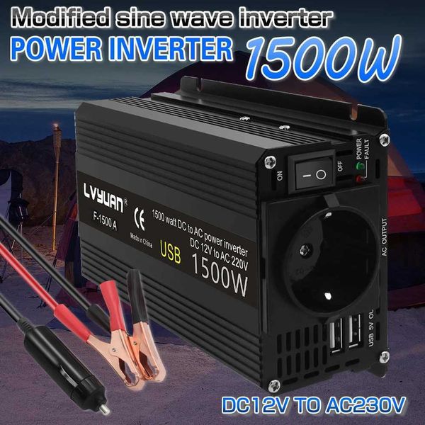 Arrancador de batería 1500W 2000W 2600W DC 12V a AC 220V convertidor de inversor de coche portátil transformador fuente de alimentación del vehículo enchufe de la UE USB Dual HKD230710