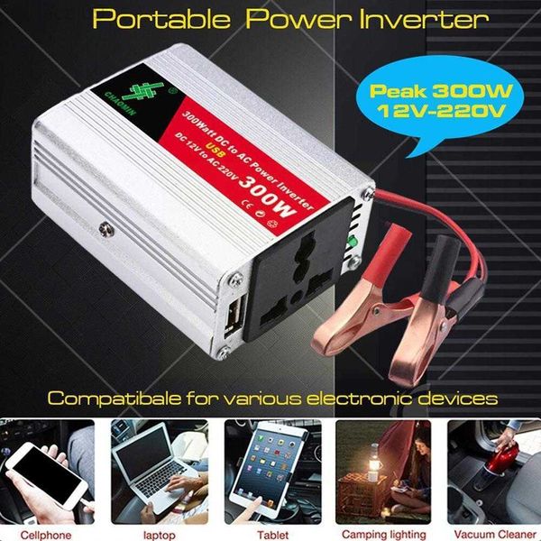 Jump Starter 300W Car Power Inverter Converter Adapter DC 12V a AC 220V con clip de batería para electrodomésticos al aire libre Y5Z7 HKD230710