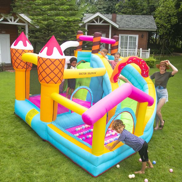 Castillo de salto para niños Inflable interior Pastel de cumpleaños Parque Casa de rebote para niños Juego al aire libre Helado Donut Postre Fiesta Hinchable con tobogán Piscina de bolas Juguetes pequeños