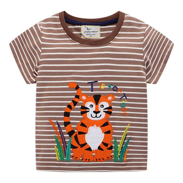 Jumping meters, camisetas con apliques de animales para niños, ropa de algodón de tigre para bebés, camisetas de verano para niños, camisetas a rayas para niños 210529