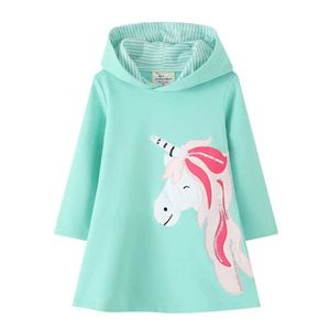 Springende meter aankomst dieren meisje jurk trui hooded jurken voor lente herfst schattige meisjes katoen unicorn baby kleding 210529